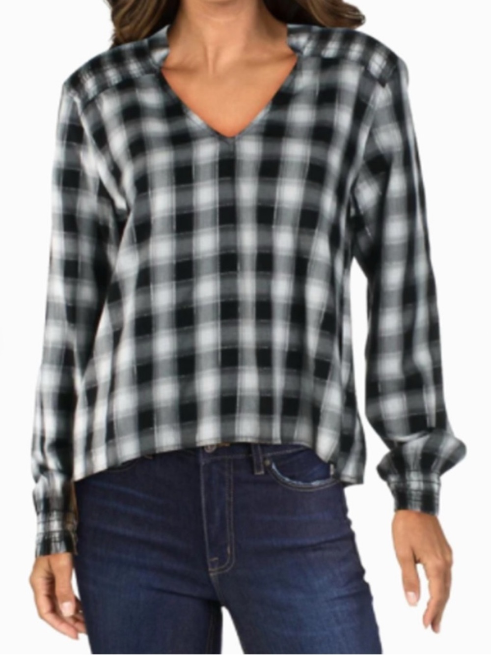 Bella Dahl Size Stargazer Black White Metallic Plaid Smocked V-Neck Blouse